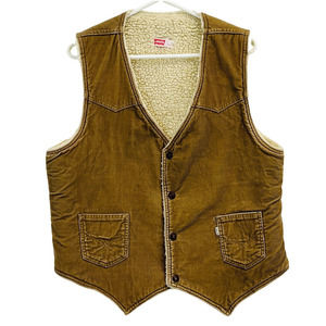 Vintage Mens L Levi's Western Corduroy‎ Vest Tan Sherpa Lined Snap Closure